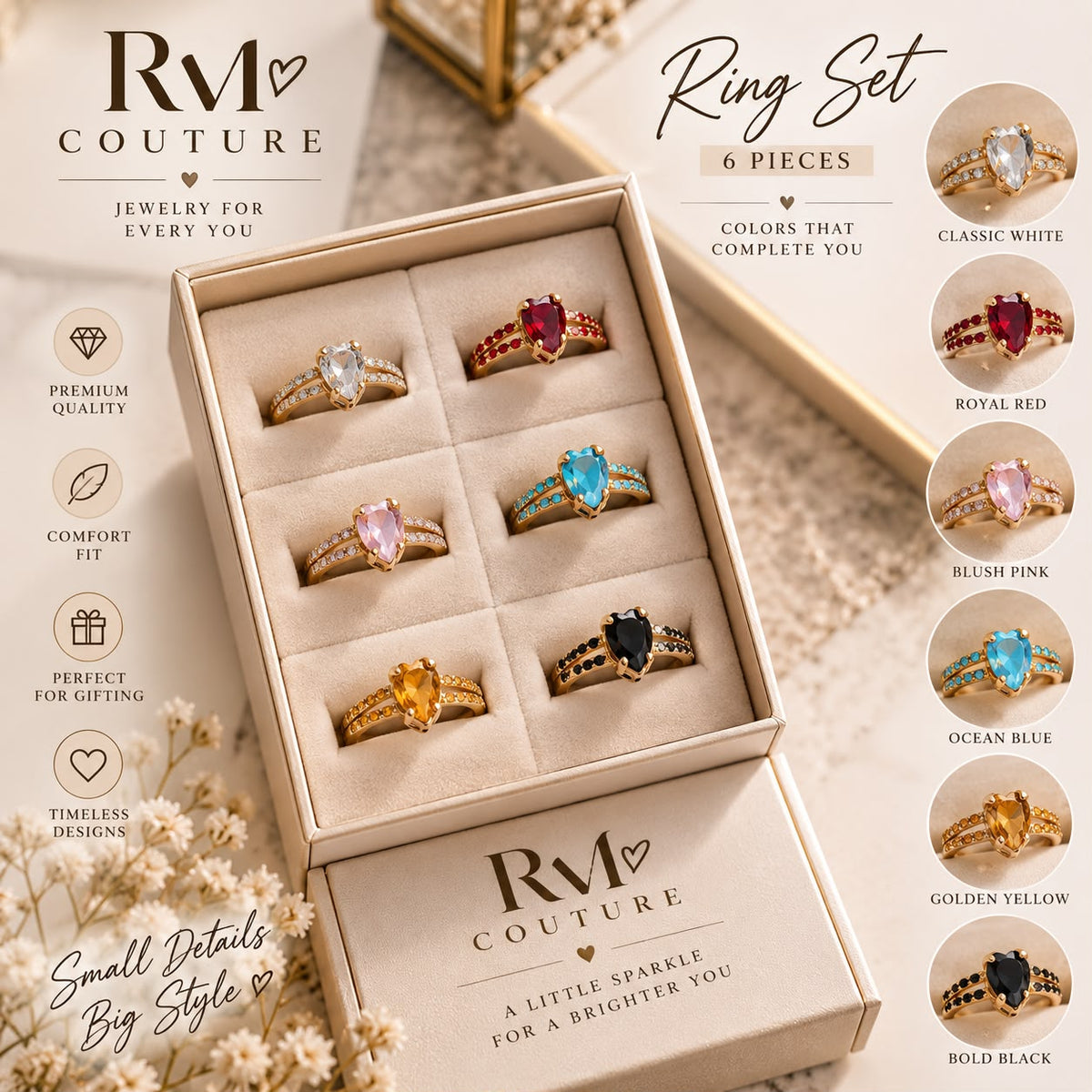 6-Piece Multicolour Teardrop Gemstone Ring Set Collection