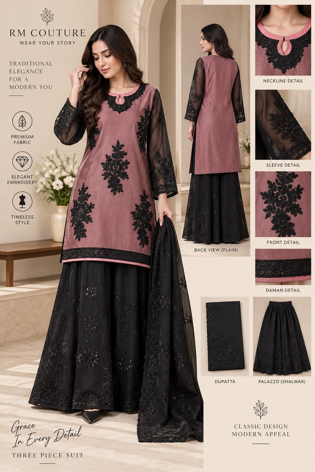 3 Piece Embroidered Organza Suit With Palazzo Shalwar & Dupatta