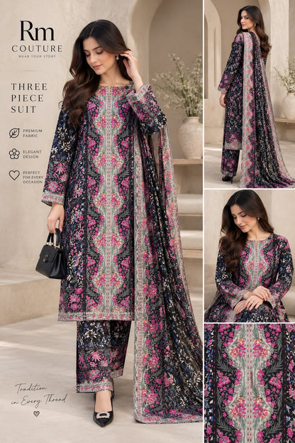 Floral Printed 3-Piece Lawn Suit Collection – Elegant Printed Shirt, Trouser & Dupatta
