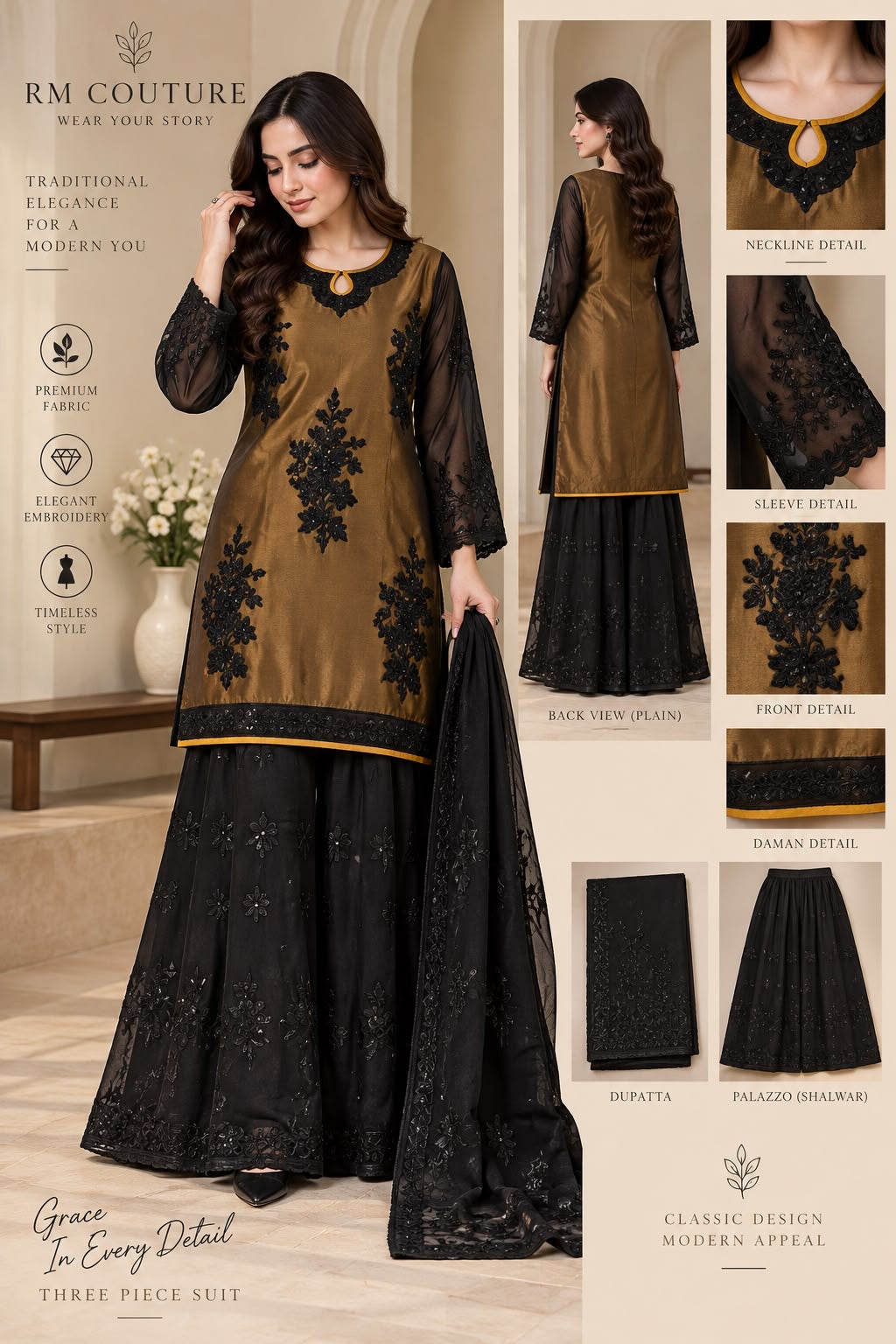 3 Piece Embroidered Organza Suit With Palazzo Shalwar & Dupatta
