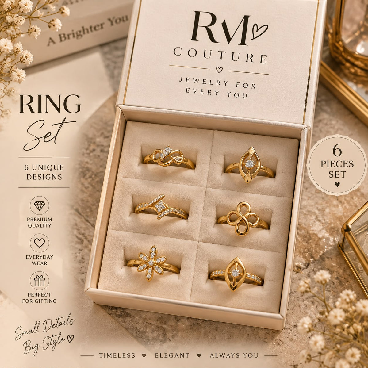 6-Piece Multicolour Teardrop Gemstone Ring Set Collection