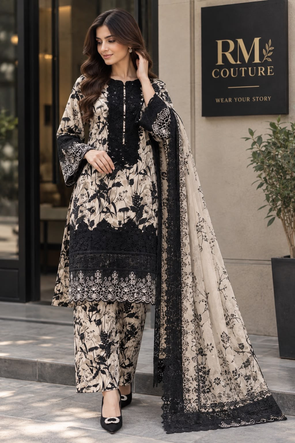 Ready-to-Wear Monochrome Floral Embroidered 3-Piece Suit