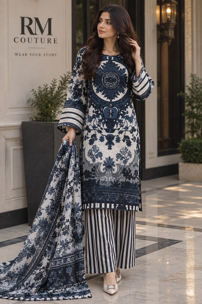 Ready-to-Wear Monochrome Floral Embroidered 3-Piece Suit