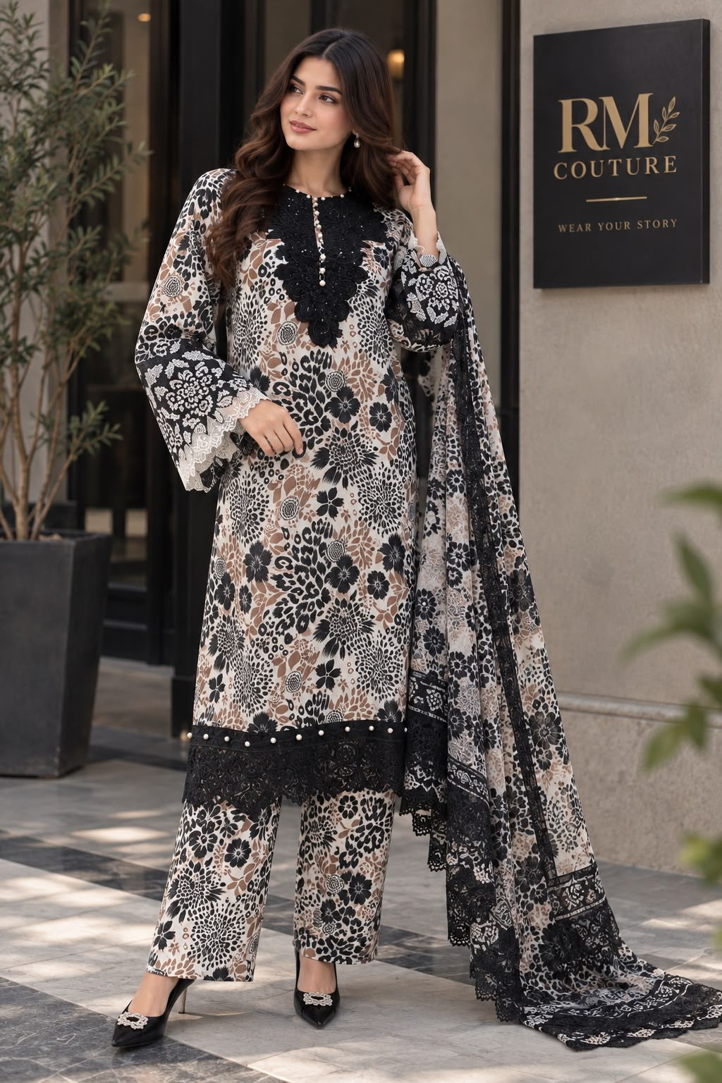 Ready-to-Wear Monochrome Floral Embroidered 3-Piece Suit