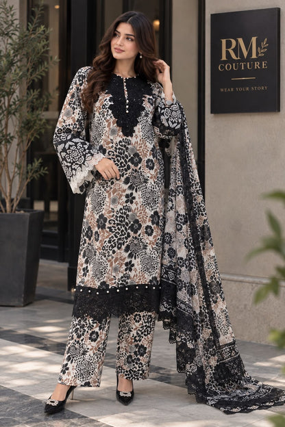 Ready-to-Wear Monochrome Floral Embroidered 3-Piece Suit