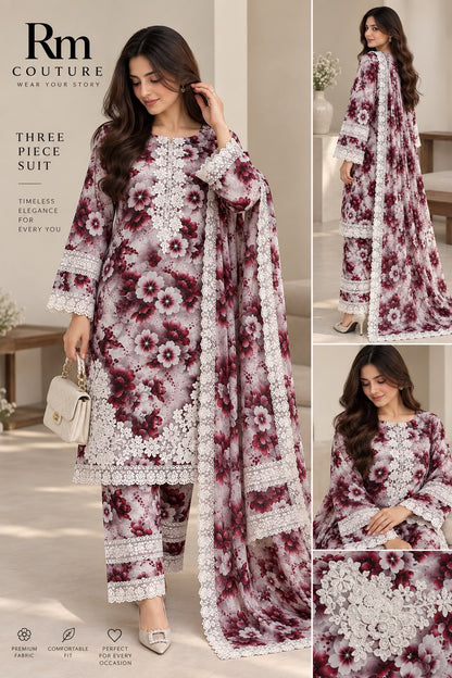 Floral Printed 3-Piece Lawn Suit Collection – Elegant Printed Shirt, Trouser & Dupatta