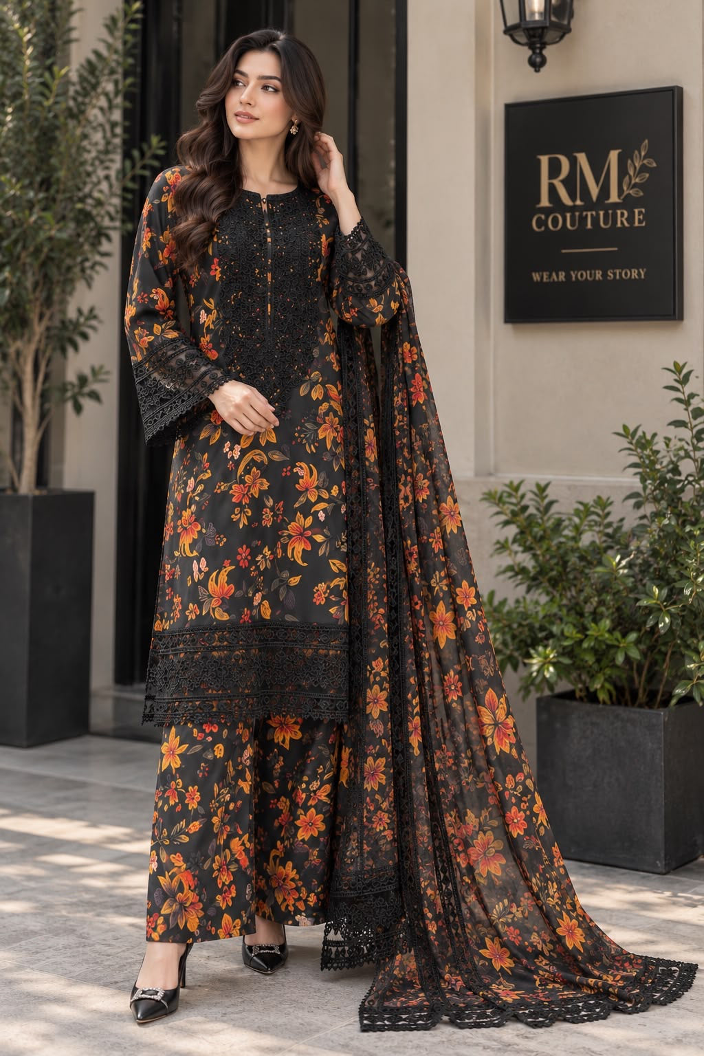 Ready-to-Wear Monochrome Floral Embroidered 3-Piece Suit