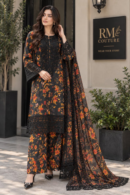 Ready-to-Wear Monochrome Floral Embroidered 3-Piece Suit