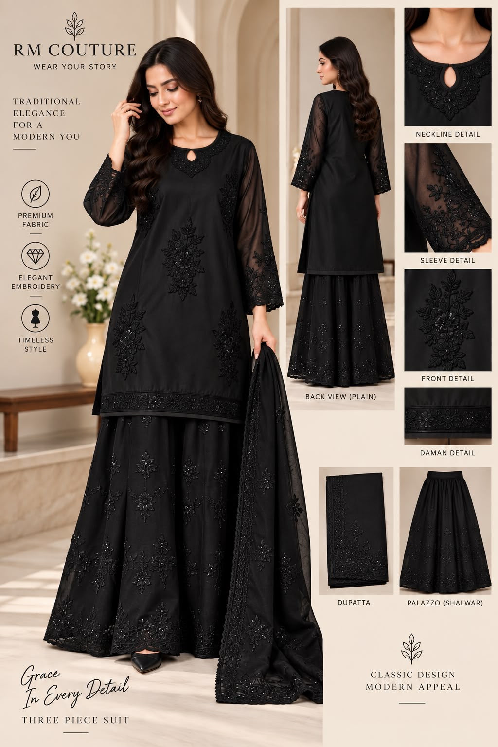3 Piece Embroidered Organza Suit With Palazzo Shalwar & Dupatta