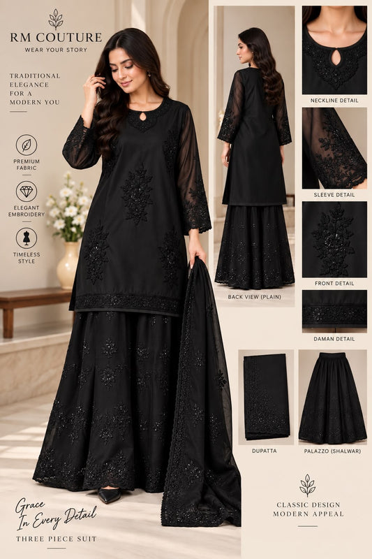 3 Piece Embroidered Organza Suit With Palazzo Shalwar & Dupatta