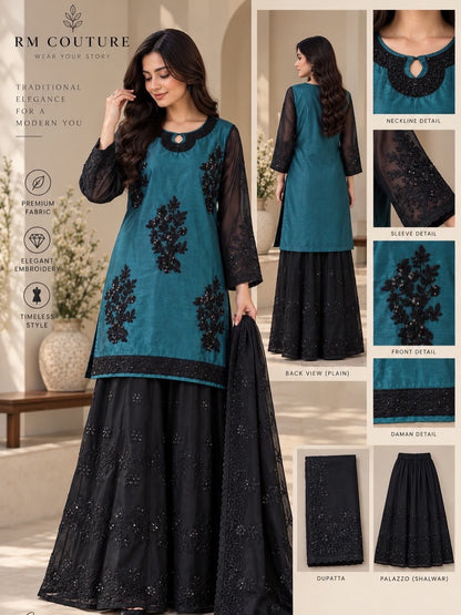 3 Piece Embroidered Organza Suit With Palazzo Shalwar & Dupatta