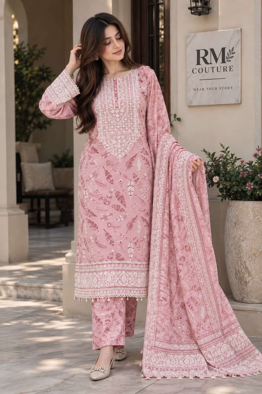 Ready-to-Wear Monochrome Floral Embroidered 3-Piece Suit