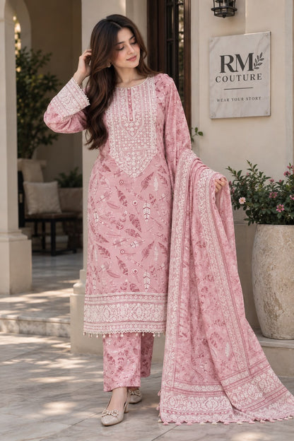 Ready-to-Wear Monochrome Floral Embroidered 3-Piece Suit