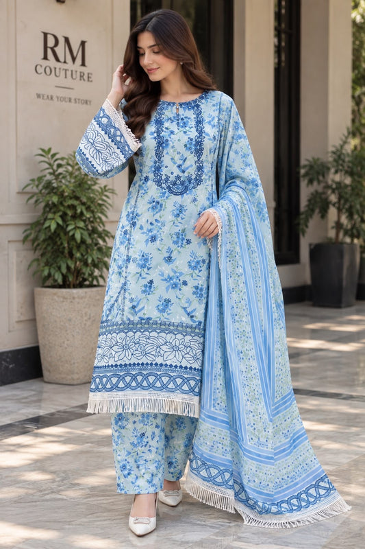 Ready-to-Wear Monochrome Floral Embroidered 3-Piece Suit