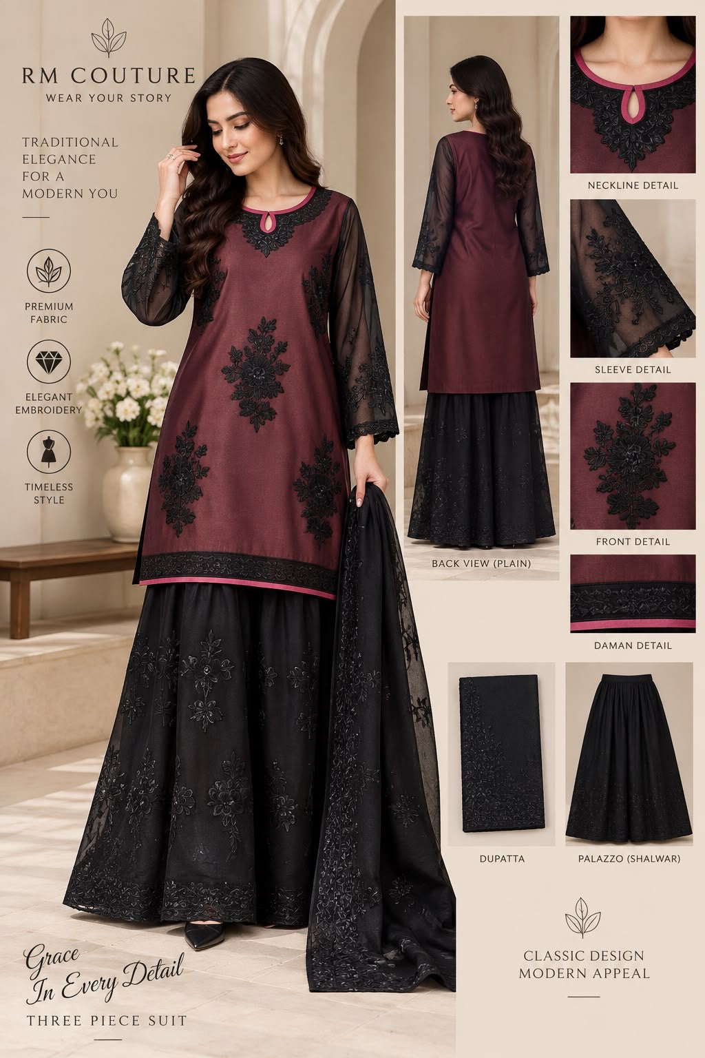3 Piece Embroidered Organza Suit With Palazzo Shalwar & Dupatta
