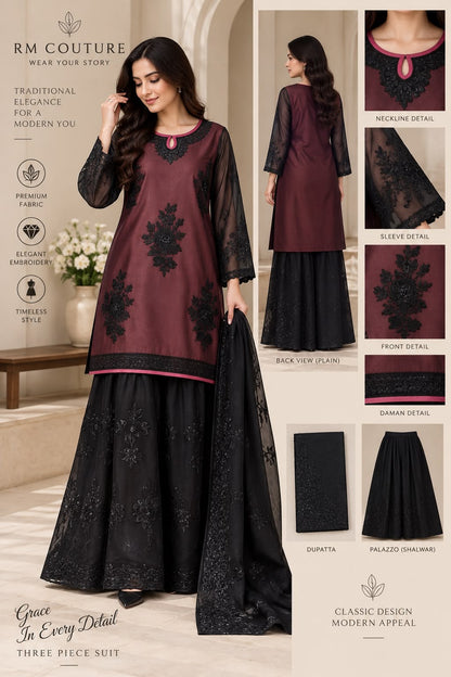 3 Piece Embroidered Organza Suit With Palazzo Shalwar & Dupatta