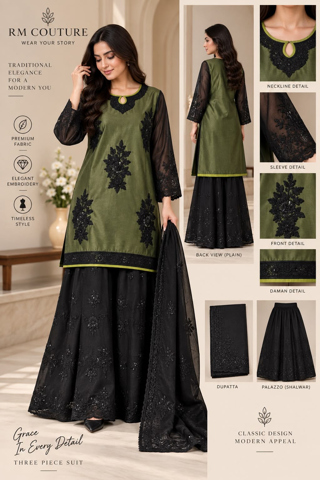 3 Piece Embroidered Organza Suit With Palazzo Shalwar & Dupatta